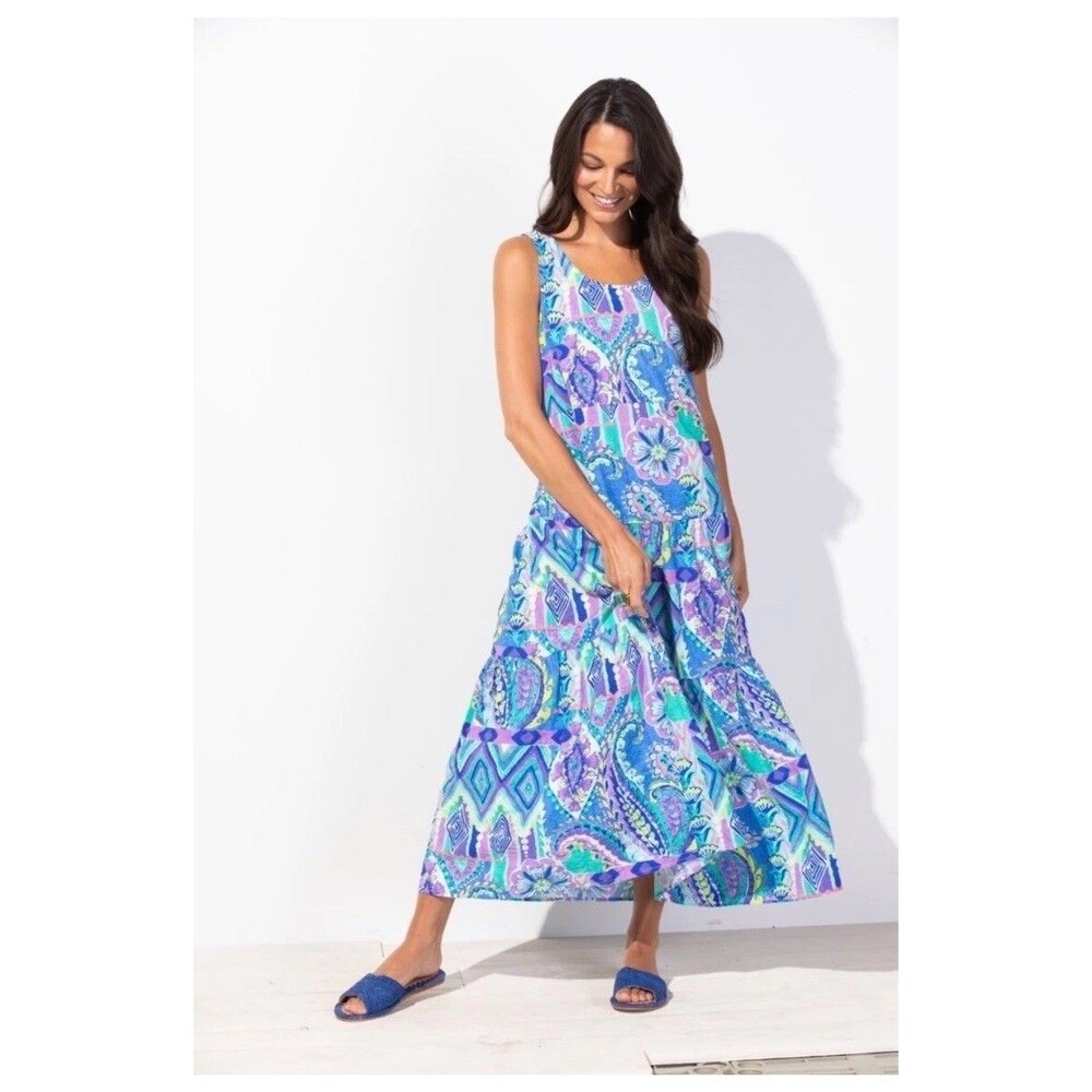 Escape By Habitat Veranda Dress M Paisley Colorful Crinkle Maxi Coastal Beachy
